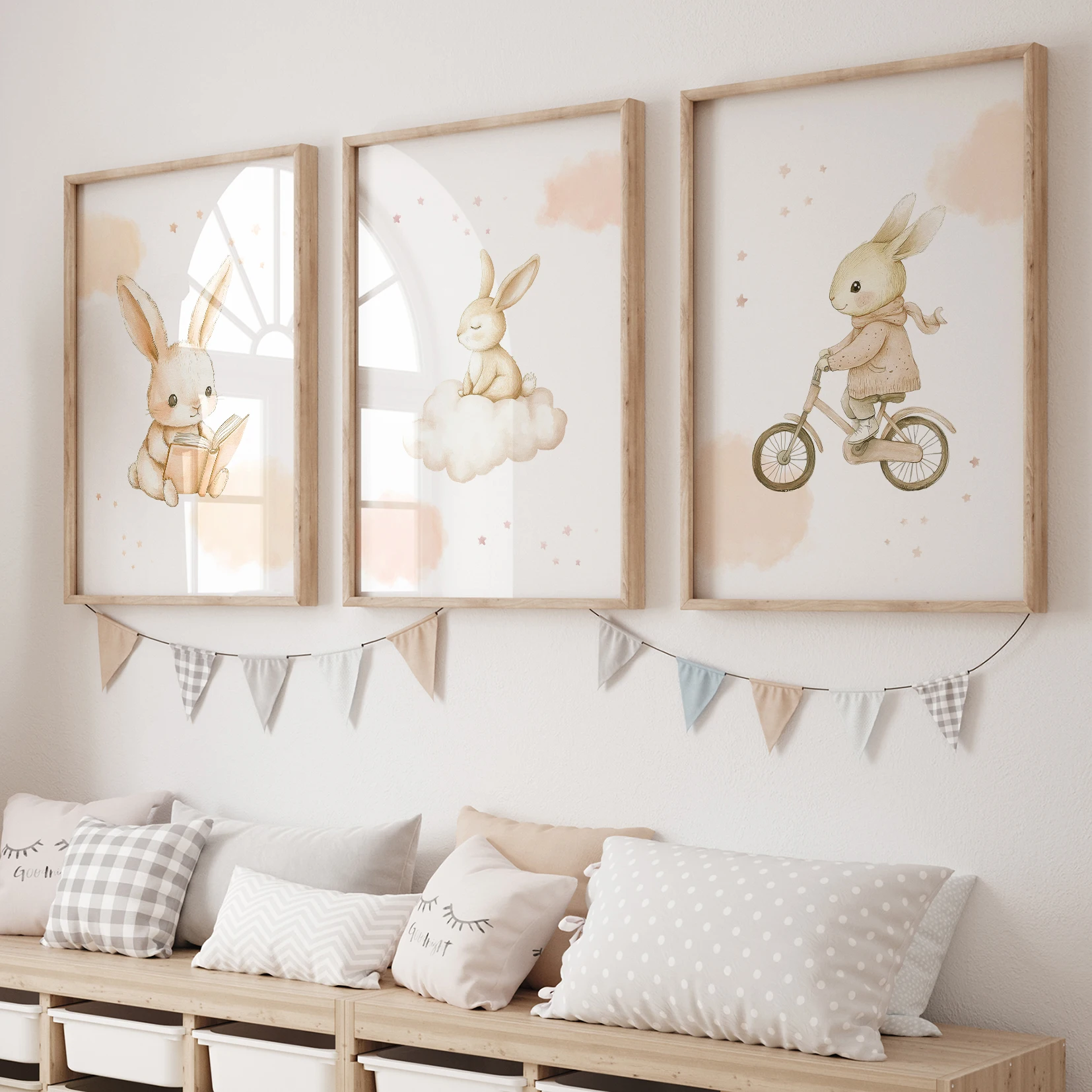 3 stücke Cartoon Kinder Niedlichen kaninchen fahrrad Wand Kunstdrucke Leinwand Malerei Poster Bild Für Wohnzimmer Wohnkultur