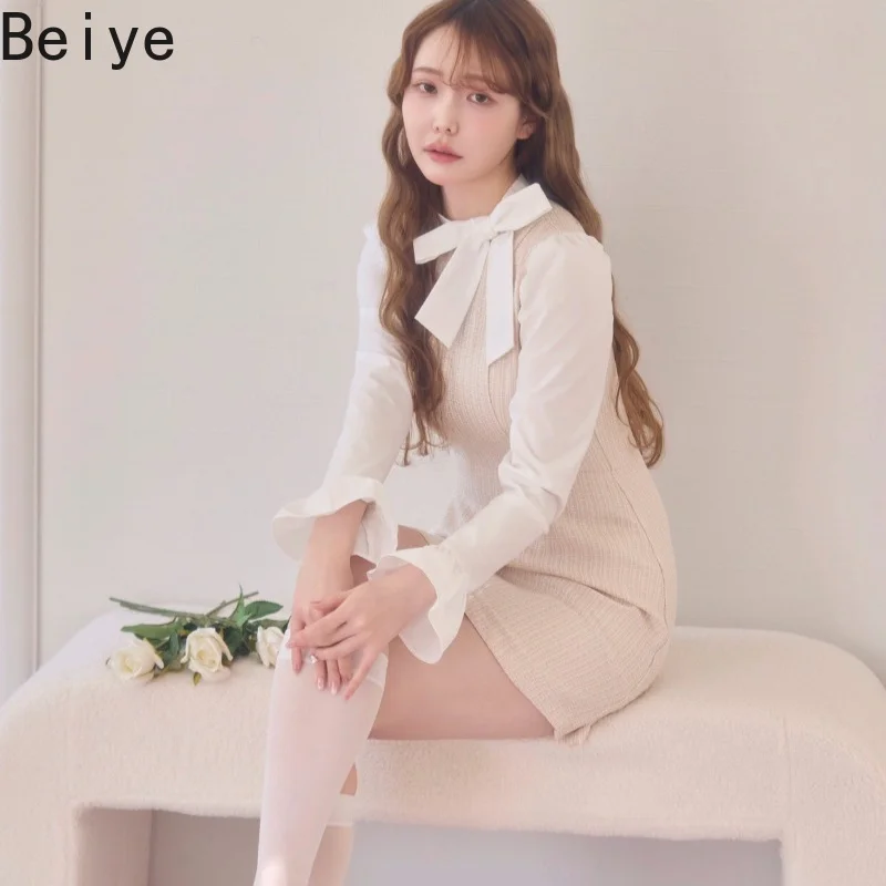 Women Japanese Sweet Mini Dress False Two Piece Puff Long Sleeve Bow Neck Dresses Ladies Ruffle Elegant Preppy Short Dress