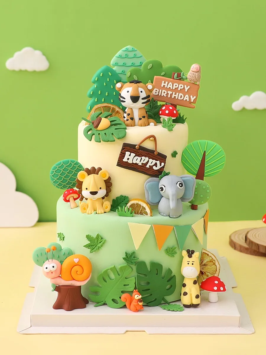 New Forest Animal Cake Topper Tropical Jungle Safari Lion Elephant Giraffe Monkey Cake Decoration First Birthday Party Cute Gift