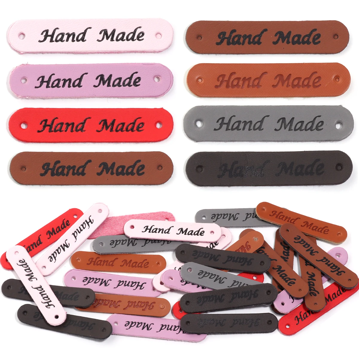 20pcs/lot 1x5cm PU Leather Handmade Two Hole Embossed Leather Label For Garment Bag Needlework Decoration Accessories Wholesale