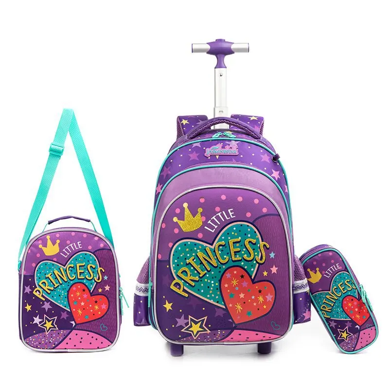 Children\'s Wheeled Backpack Girls School Backpack Rolling Luggage Backpack Boys School Trolley Bag Set Lunch Bag and Pencil Case