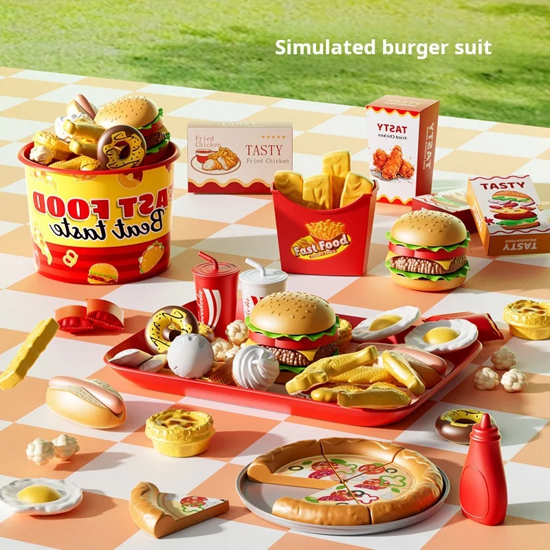 Kids Pretend Play Kitchen Realistic Burger Fries Family Bucket Meal Set Educational Model Toys for Boys Girls