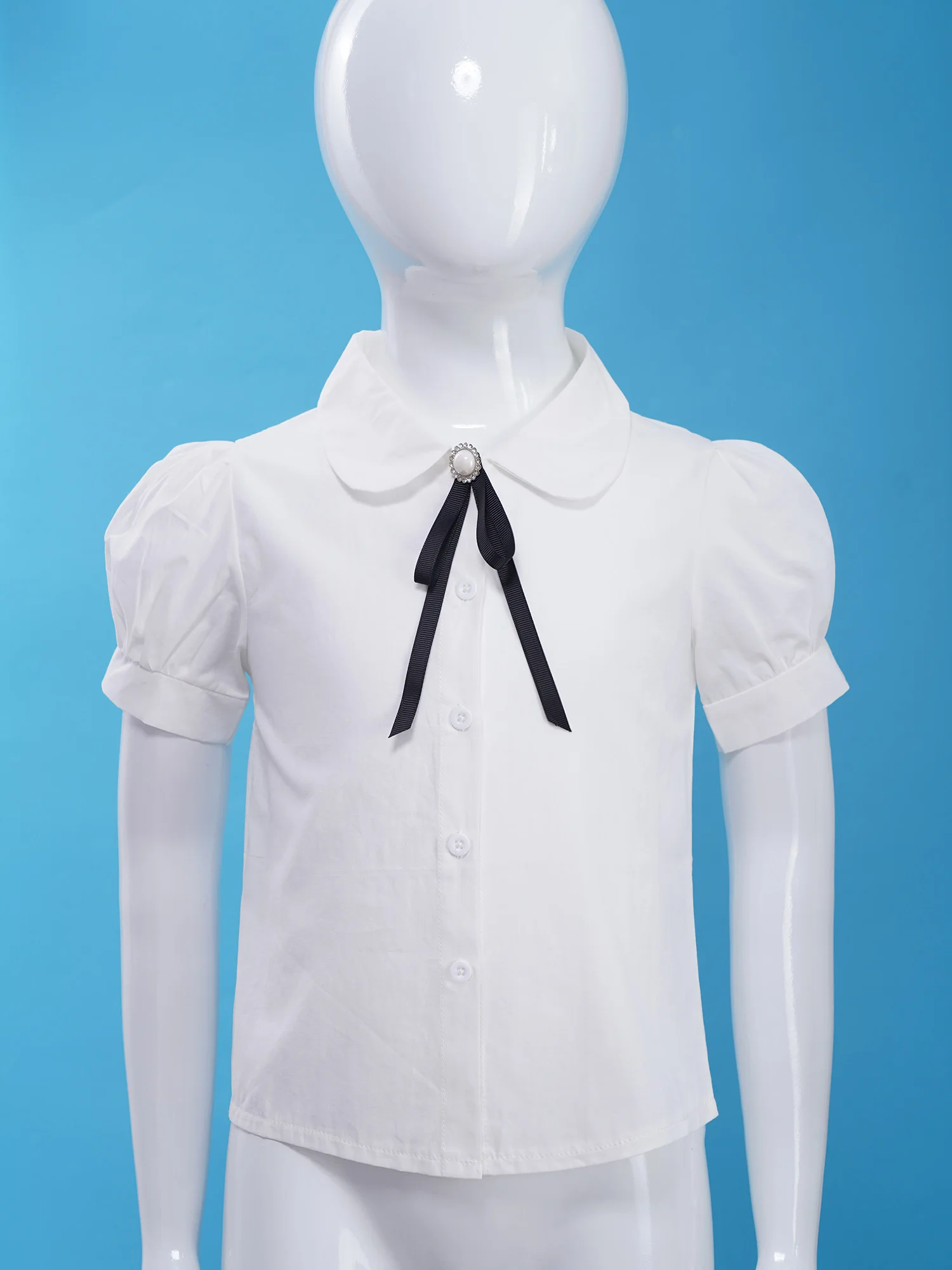 White Cute Uniform Shirts for Big Girls Short Puff Sleeves School Uniform Blouse Princess Turn-Down Collar Bowknot Button Tops