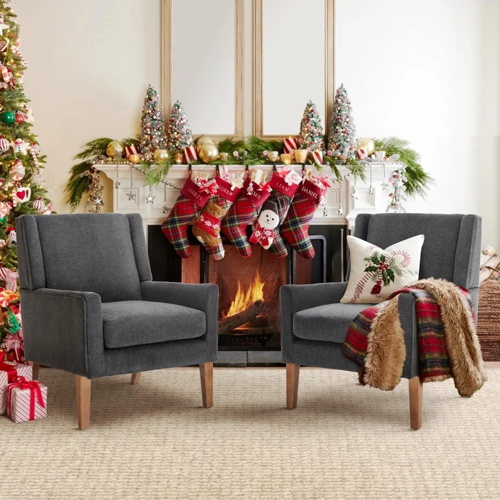 

Pair of Modern Wingback Chairs for Living Room, Fabric-Upholstered Accent Armchairs with Lounge Seats and Wooden Legs