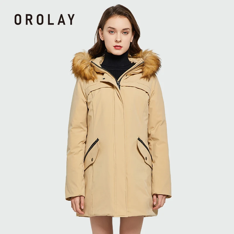 Orolay Women's Warm Hooded Mid-Length Winter Down Jacket With Pockets