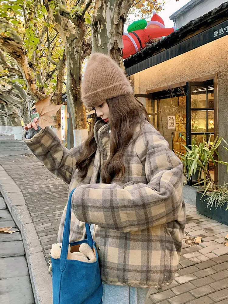 Retro Plaid Short Padded Jacket for Women Autumn Winter Maillard Style Thick Warm Outerwear Female Casual Korean Puffer Jackets