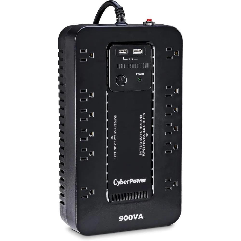 Standby UPS System 900VA/500W 12 Outlets 2 USB Charging Ports Compact Black Six Battery Backup & Surge Protected Outlets