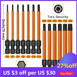 13Pcs 75mm Security Torx Bit Set T5-T40 Tamper Resistant Star Bits Set 1/4 Inch Hex Shank S2 Steel Screwdriver Bit with Magnetic