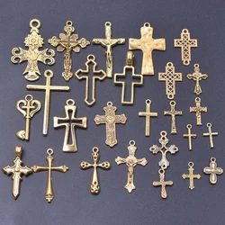 25Pcs/Lot Mix Cross Charm Christ Religious Alloy Gold Color Charms for Jewelry Making Amulet Pendant Supplies material cruz