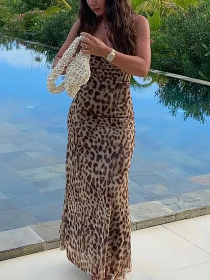 เสือดาวพิมพ์ชุดยาวผู้หญิง 2025 ฤดูร้อนใหม่ Vintage ชีฟองเซ็กซี่ Cami Midi หญิง Chic Party ชุดราตรี