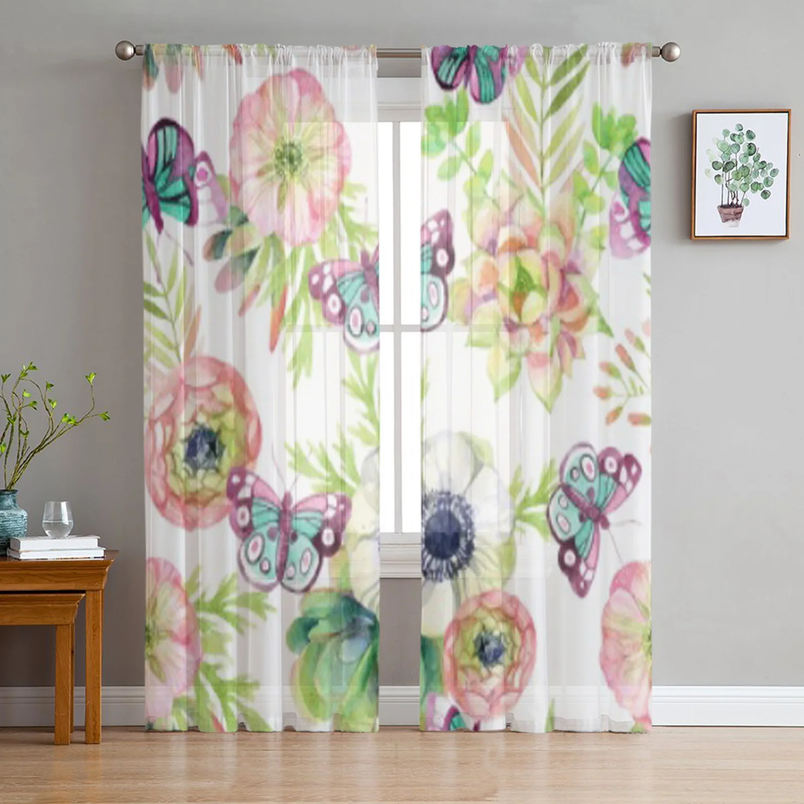 Watercolor Butterfly Flower Sheer Curtains for Living Room Transparent Tulle Window Curtain Bedroom Kitchen Decor Veil Drapes