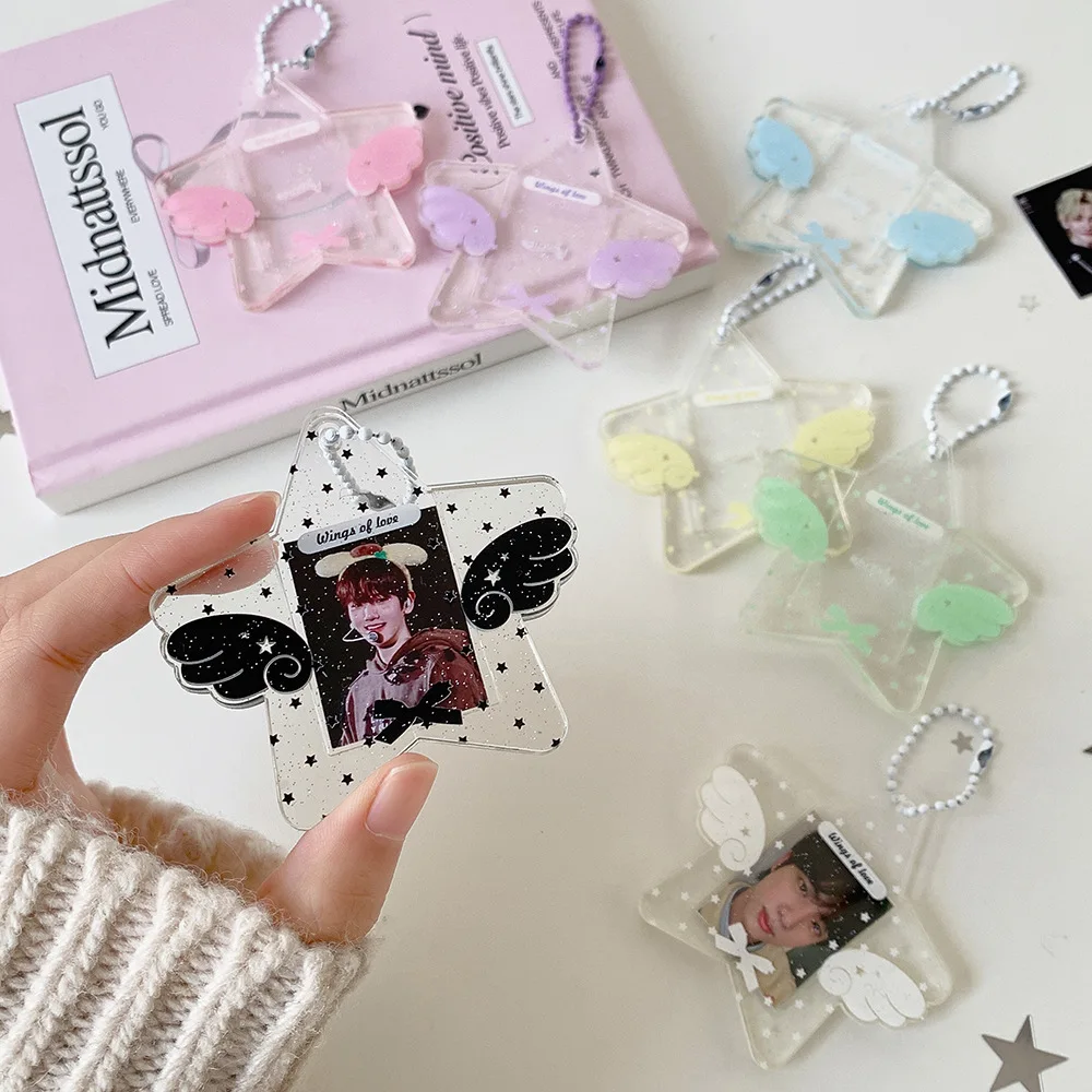 Transparent Acrylic Glitter Star 1-Inch Photo Frame Pendant Cute Angel Wings Keychain 1-Inch Photo Frame Pendant Key Chain Gifts