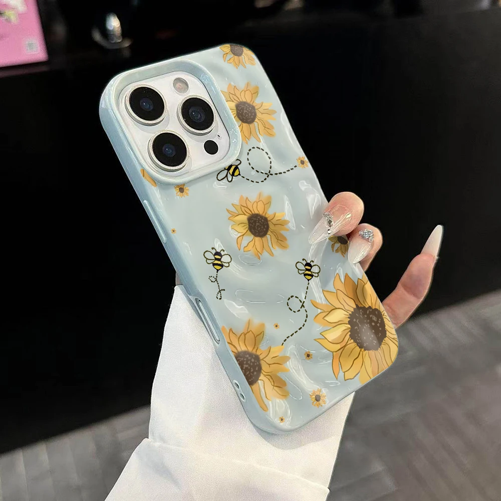 Sonnenblumen-Kunstmuster Handyhülle für iPhone 17 16 15 14 13 12 11 Pro Max 14 Plus 17Air Falten-Wellen Weiche Silikonhülle – Detail 2