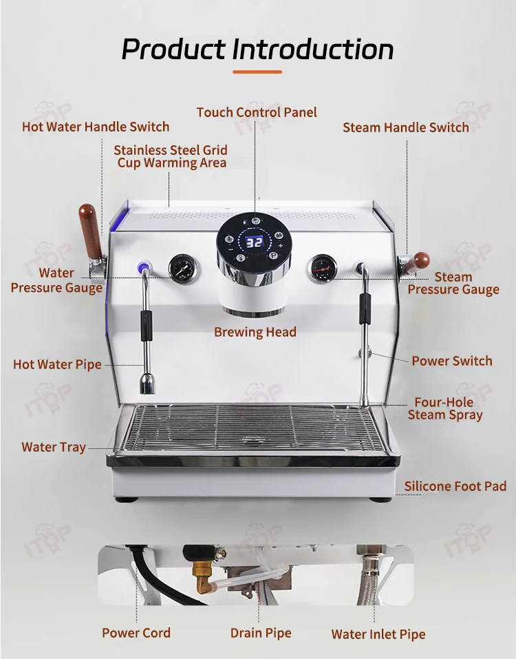 ITOP CM-T1 Kommerzielle Kaffeemaschine, 9 Bar, Drehpumpe, 5 l Dampfkessel und 1 l Kaffeekessel, professionelles T3-System, 3500 W