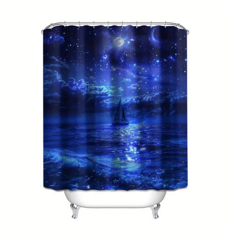 Ocean Blue 3D Print Waterproof Shower Curtain Set with Hooks - Includes Bath Mat & U-Shaped Rug, Machine Washable, Polyester