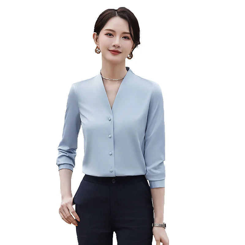 

Novelty Blue Long Sleeve Blouses Shirts Fashion V-neck Business Women Work Wear OL Styles Office Ladies Blouse Tops Clothes