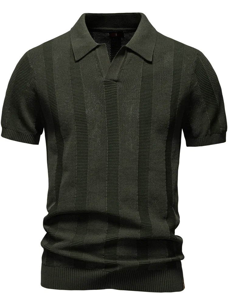 

Мужская летняя футболка с вырезами, коротким рукавом, в полоску, модная, в городском стиле, повседневная, с отложным воротником, однотонная