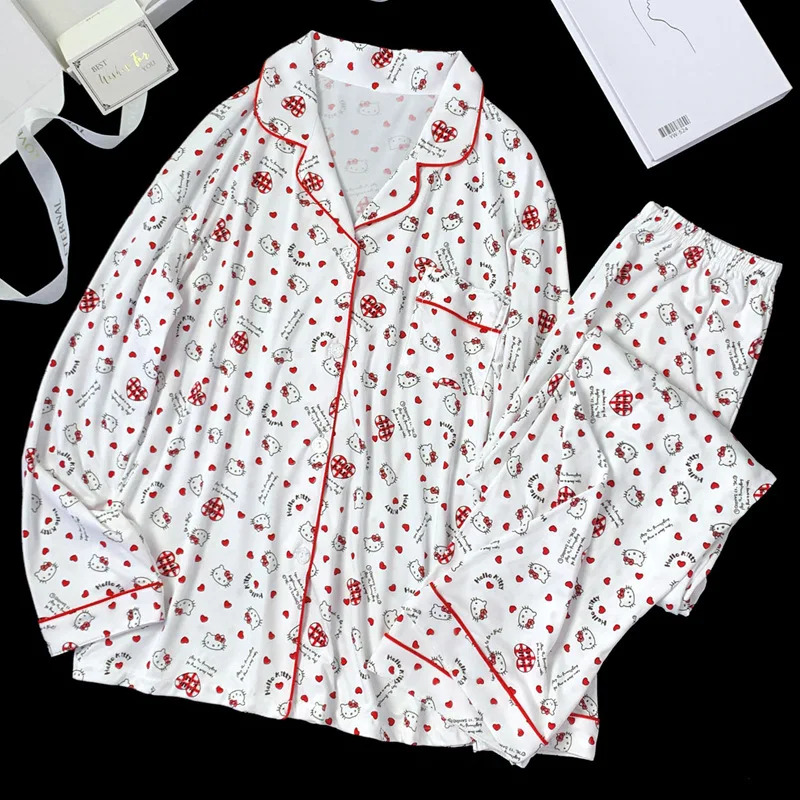 

Cute Female 2Pcs Pajamas Suit Hello Kitty Cartoon Anime Kawaii Women Spring Autumn Tops Pants Loungewear Homewear Sweet Girls