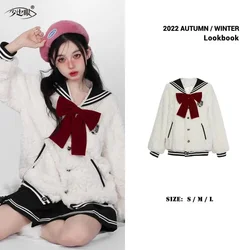 Harajuku Sweet Thicknecked Bow College Coat Woman Zip Up Hoodie Sailor Suit Plush Hoodies Women 2023 Streetwear Goth Y2k Clothes