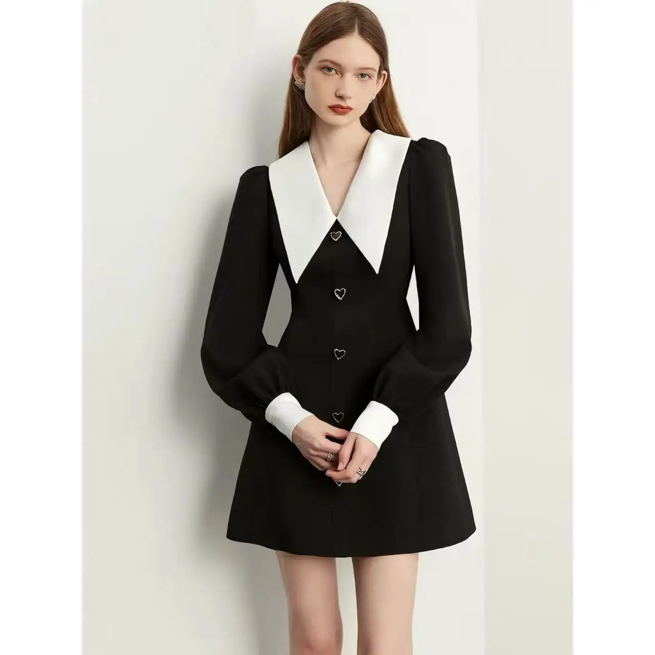 Black White Color Block Suit Dress Waist Cinched Women's Dress Little Black Dress Fragile Style City Walk Three Quarter Sleeve