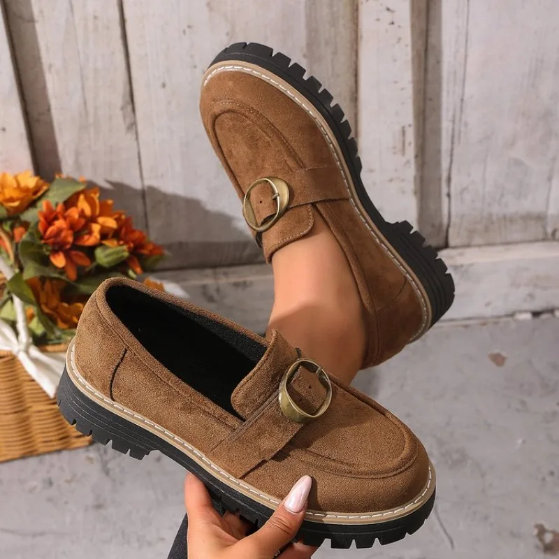 

Women's Loafers Round Toe Suede-Look Platform Slip-On Shoes Large Buckle Decorative Strap Block Heel Lug Sole Solid Daily Shoe
