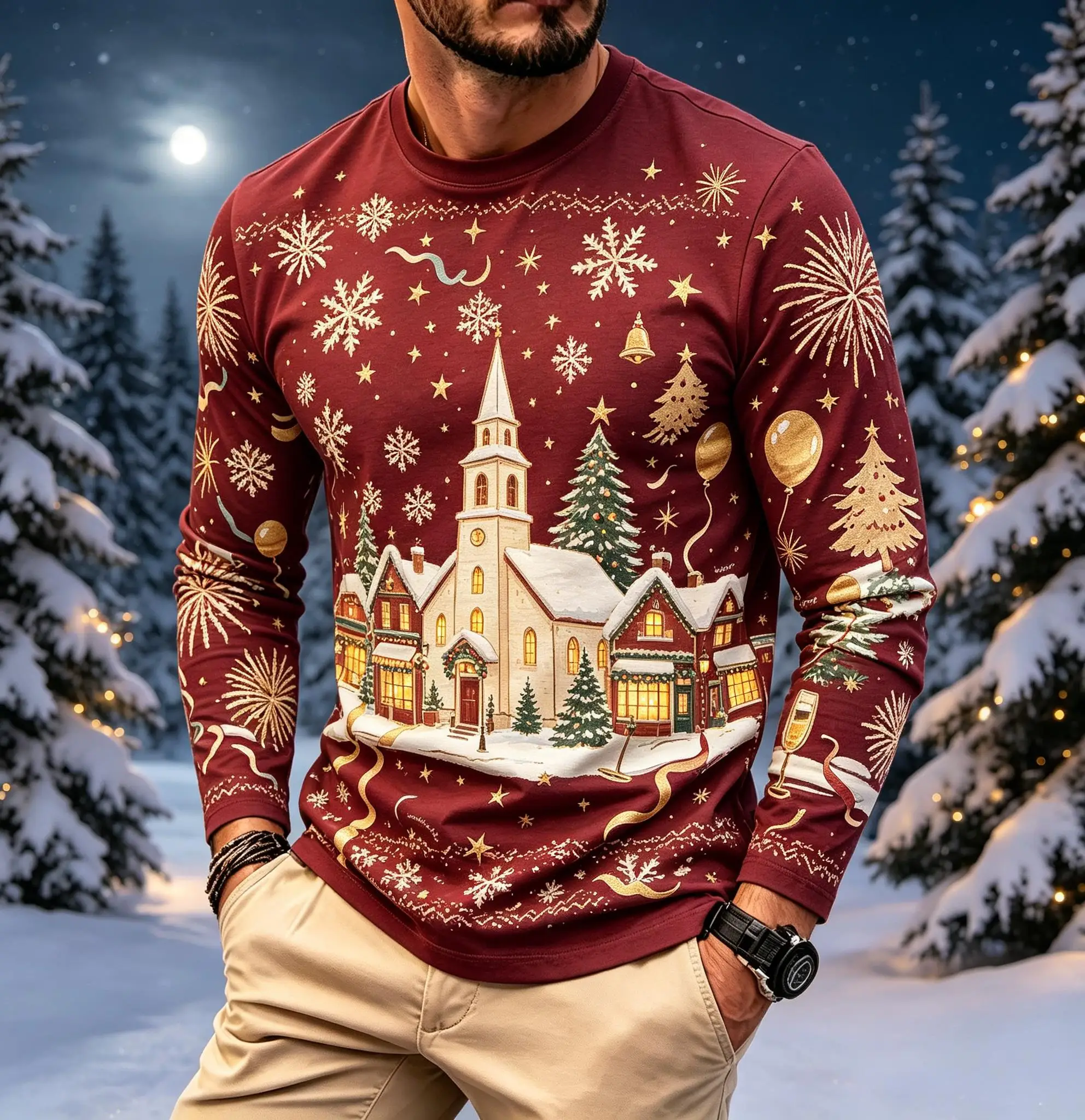 Festive Christmas Snow Town House Snowflake Print Men Long Sleeve T-shirt, Winter Daily Casual Wear Top