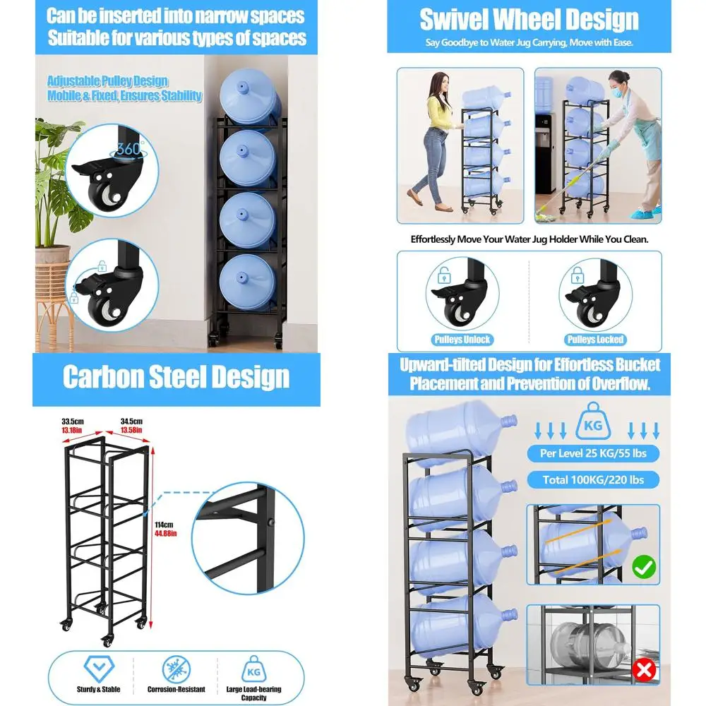 

Heavy-Duty 5-Gallon Water Jug Rack with 4 Lockable Wheels and Movable Casters for Kitchen, Office, and Garage - Black