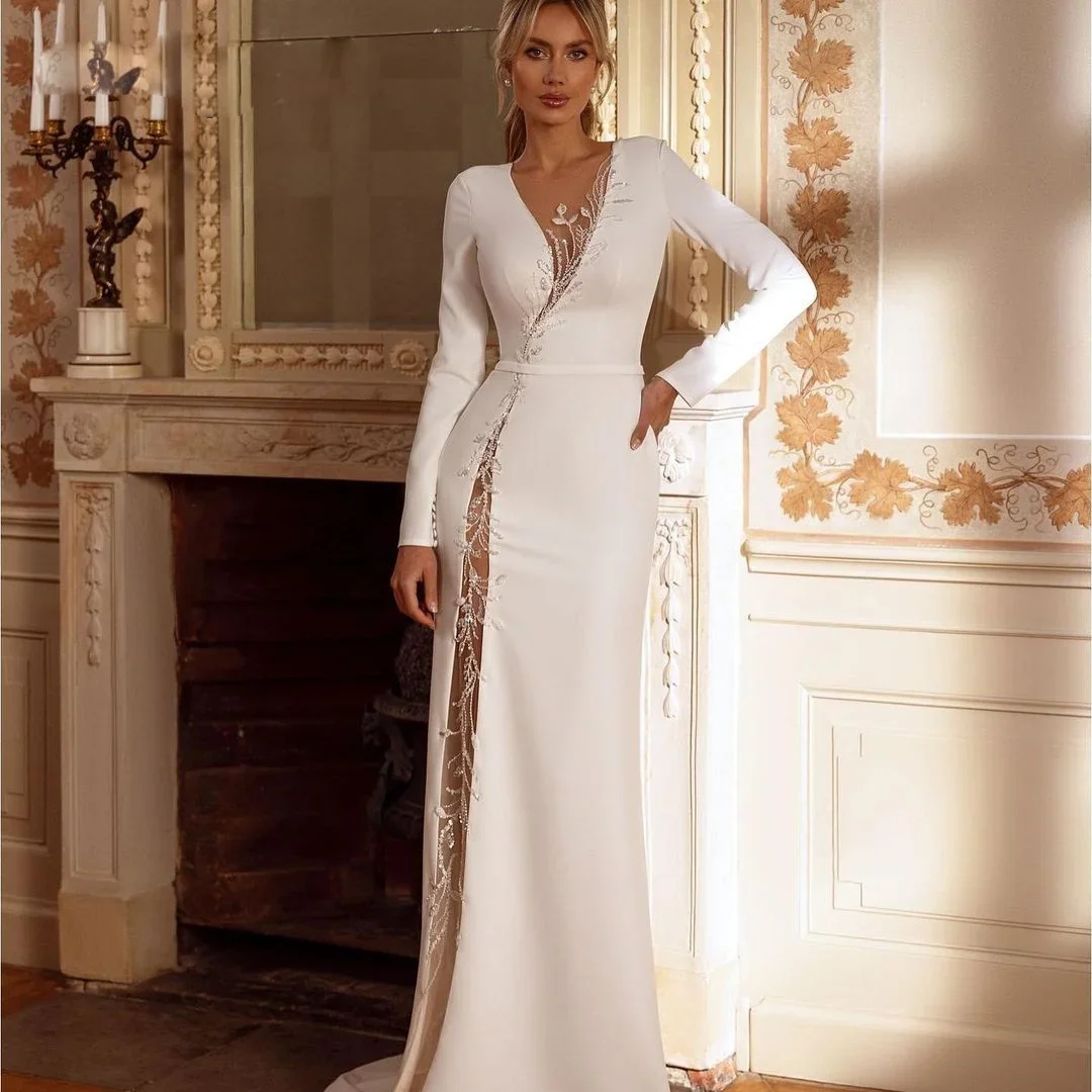 V-Neck High Split Hem Mermaid Trailing Wedding Dresses for Bridal Party Vacation Ball Cocktail Party  Evening Gowns