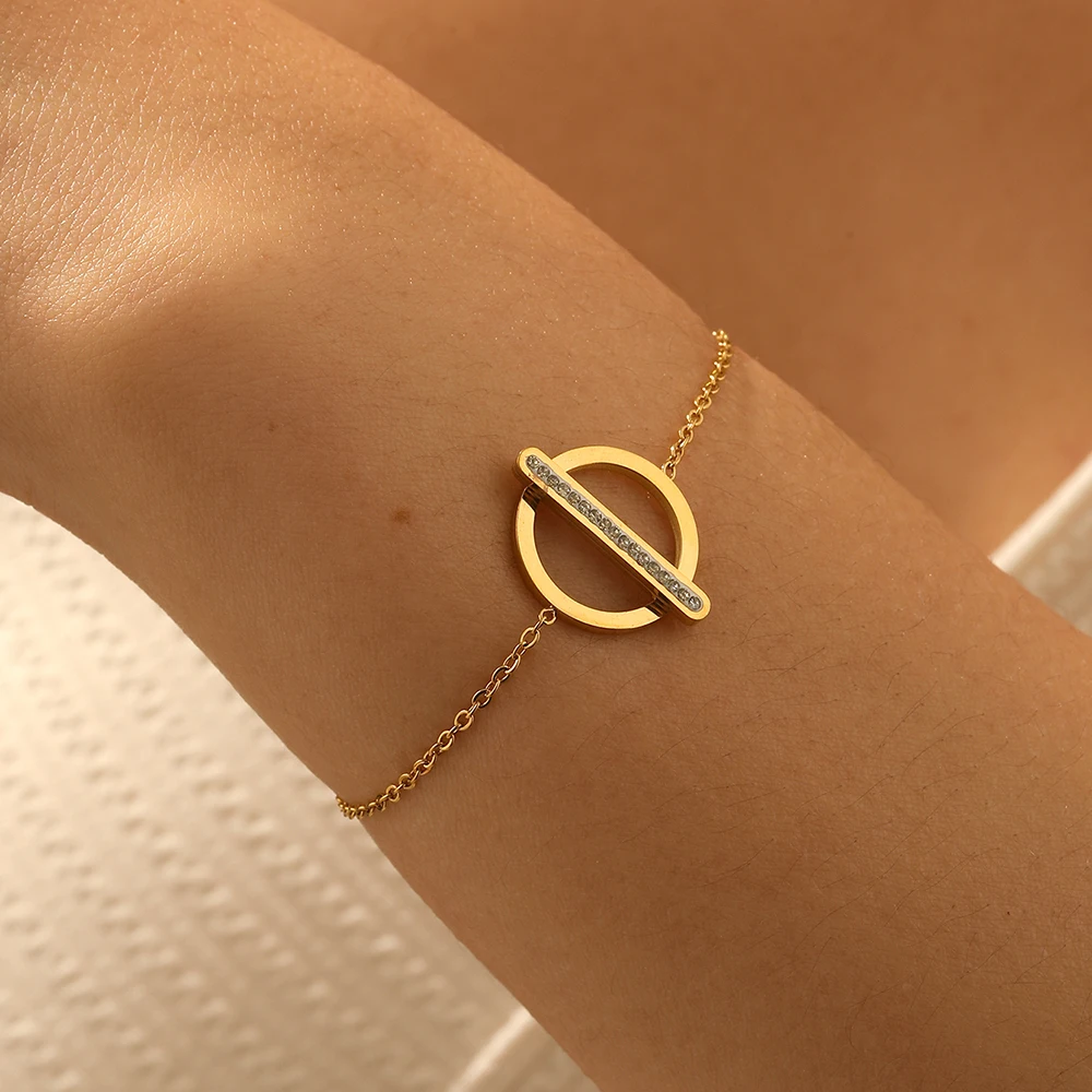 XIYANIKE 316L Stainless Steel Zircon Inlay Door Bolt Design Geometry Bracelet Women Classic Trend Non-Fading Jewelry Gifts