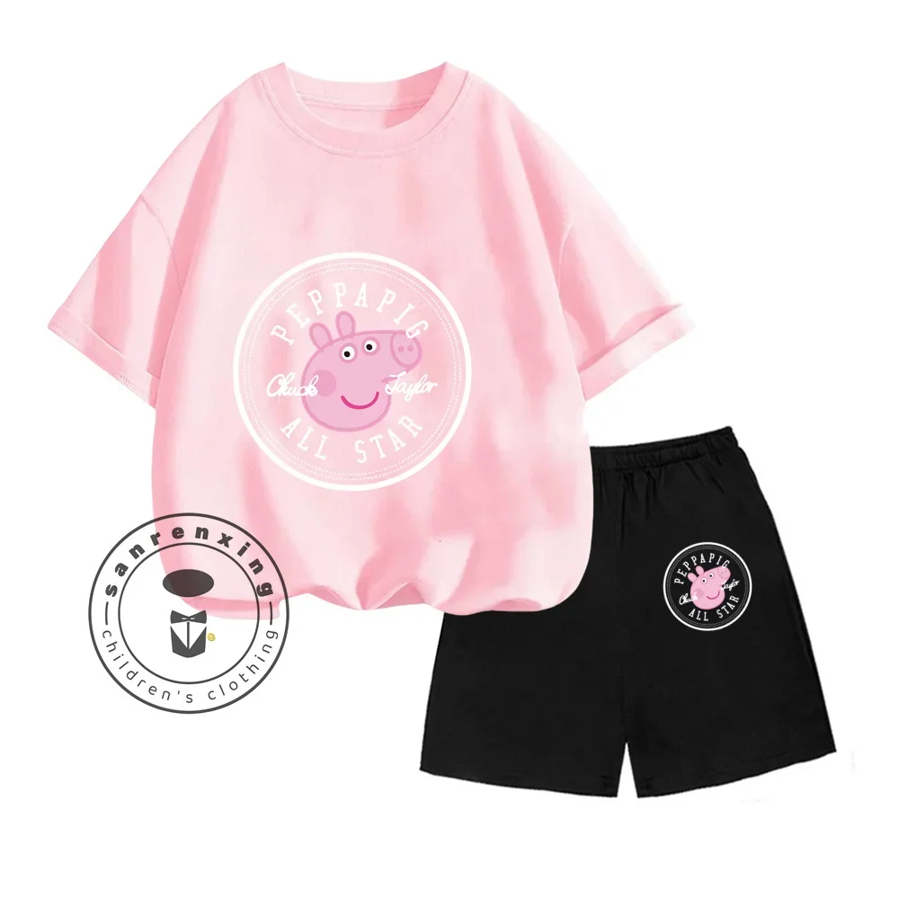 New Hit Peppa Pig Animated Cartoon Vertical Print Design O-neck Short Sleeve and Shorts Children Summer Affordable Two-piece Set