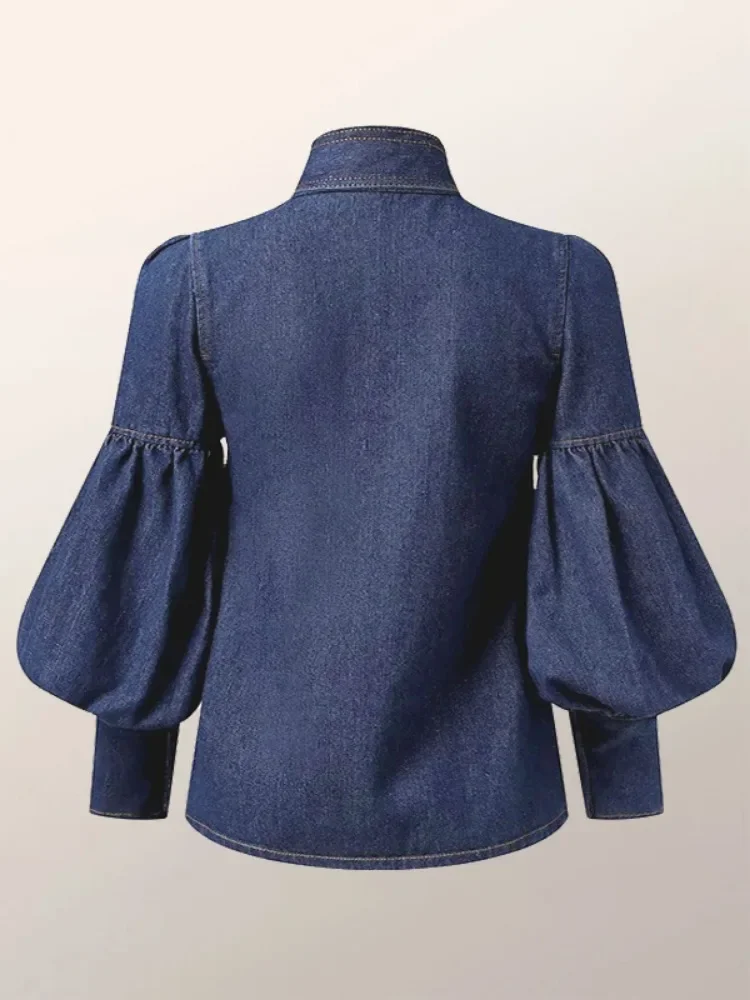 Beautyblue Plus Größe Frau Denim Bluse Tops Elegante Blaue Bluse Dame Casual Puff Sleeve High Neck Bow-Verzierte weibliche Shirts