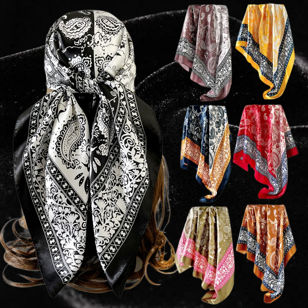 90cm Paisley Print Satin Square Wild Retro Headscarf Women Fashion Accessory Black White Paisley Satin Scarf with Color Border