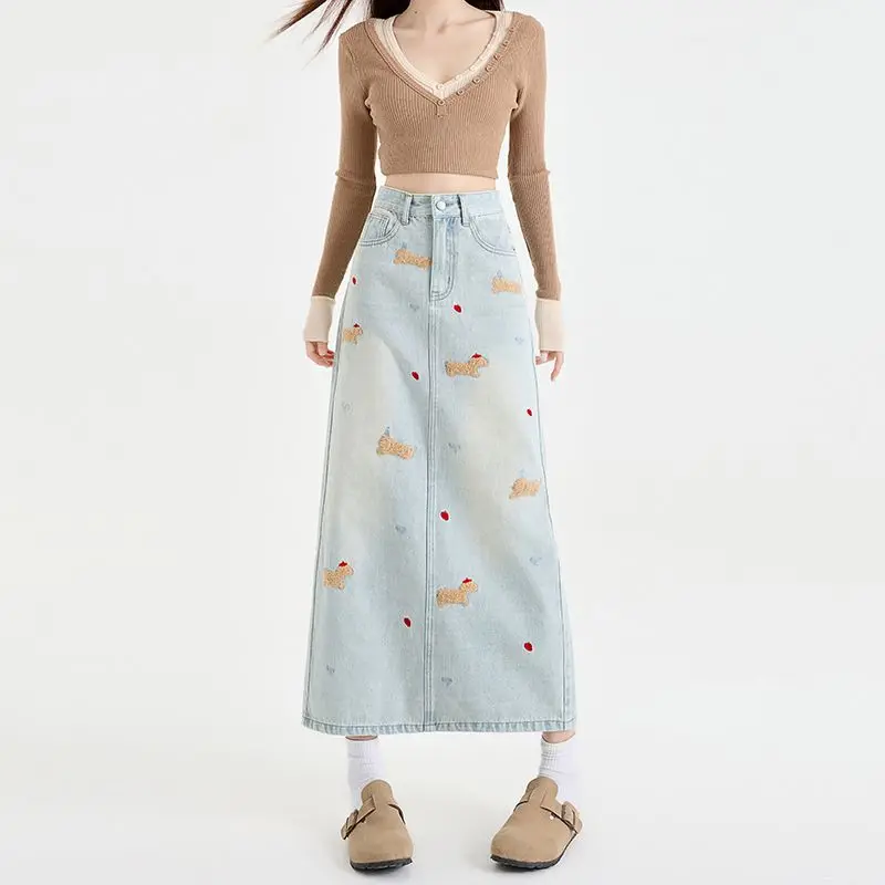 

New Arrival 2025 Embroidered High Waist Denim Skirt Women's Mid-length Slim-fit Hip-Lifting Split Skirt
