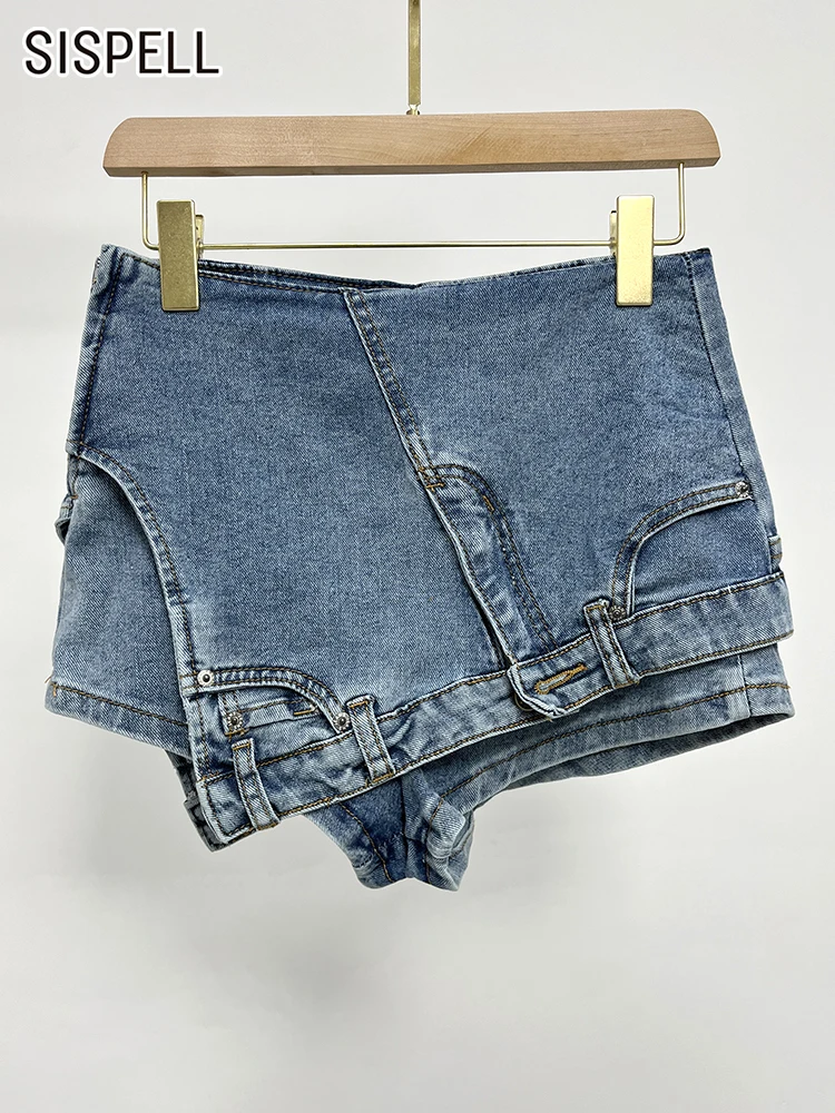 

SISPELL Denim Shorts For Women High Waist Patchwork Button Pocket Casual Loose Asymmetrical Shorts Skirts Female Summer Fashion