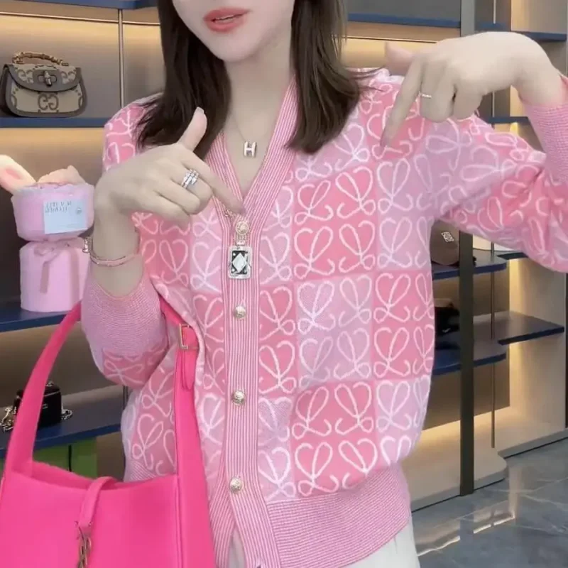 

Western Style Color Contrasted Jacquard Knitted Cardigan Sweater for Women's Spring Autumn Casual Loose Soft Comfort Sweater Top