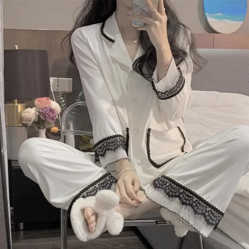 Autumn New Ins Pajamas Women\'s Korean Lace Pyajama Woman Set 2 Pieces Long Sleeved Cardigan Loose Pants Home Set Sleepwear