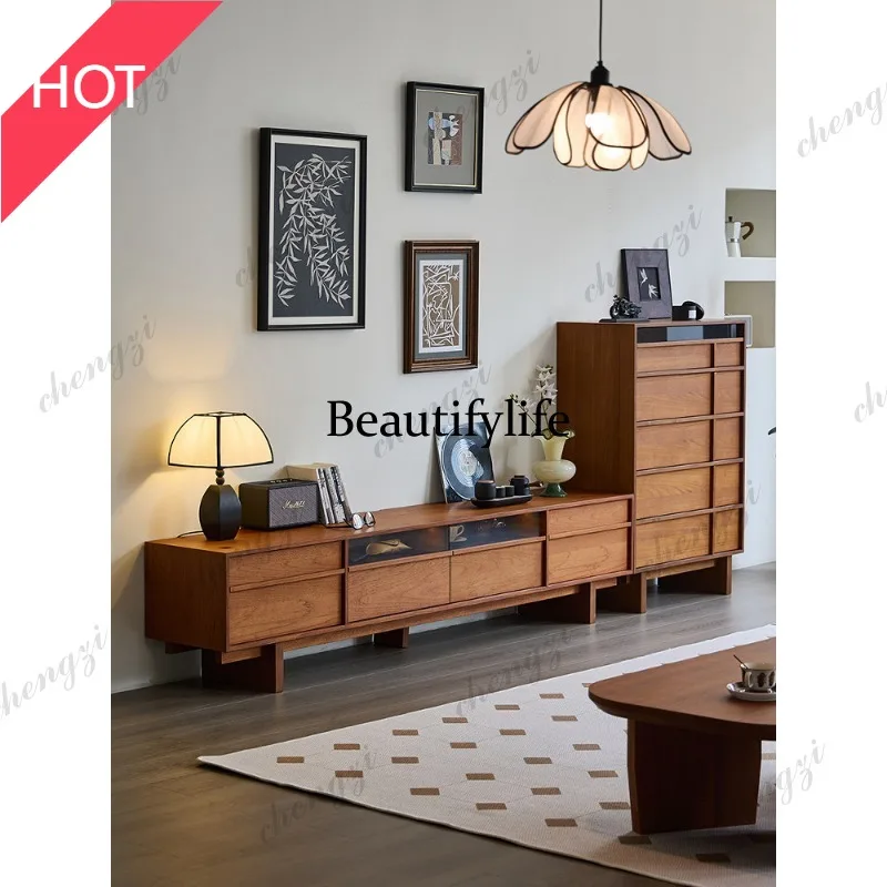 M02 Medieval TV cabinet teak color living room floor combination household storage locker integrated