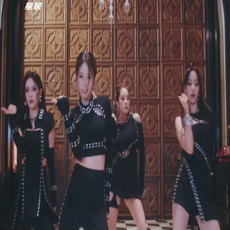 New Kpop Korean Women Group Jazz Dance Outfit Concert Sexy High Waist Pants Stage Dancewear Nightclub Slim Long Sleeve Crop Tops