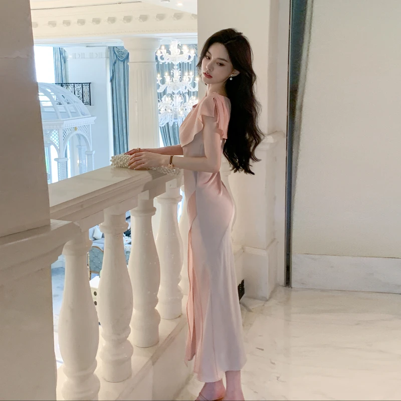 France Fashion Summer Pink Satin Chiffon Patchwork Mermaid Dress For Women O Neck Ruffles Sleeve Bodycon Split Long Club Dresses