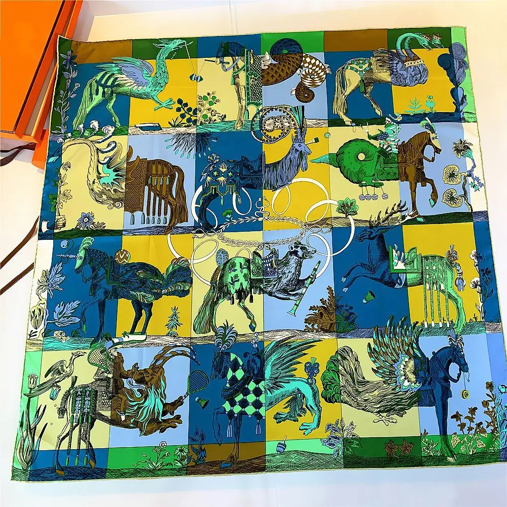 独占 90 センチメートル手巻きエッジ乗馬騎士デザインアニマルプリントレディースツイルスカーフショールホットアイテム