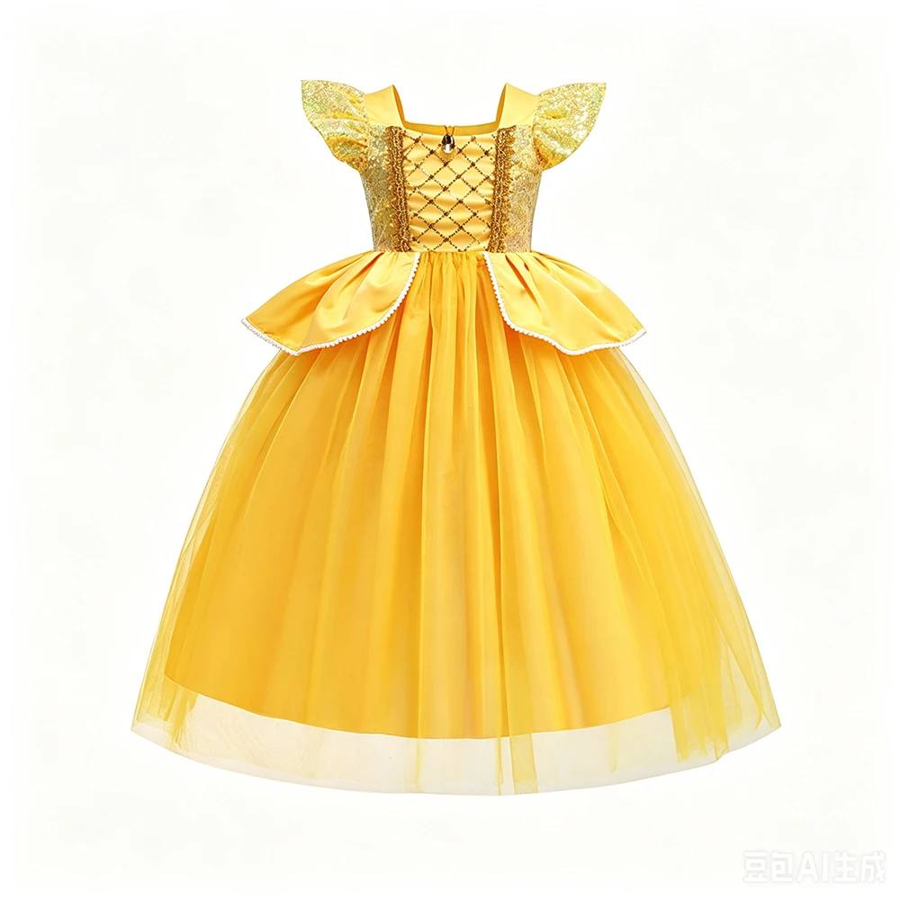 Yellow Princess Dress Kids Halloween Cosplay Costume with Crown Wand Gloves Necklace for Girls Birthday Christmas Party