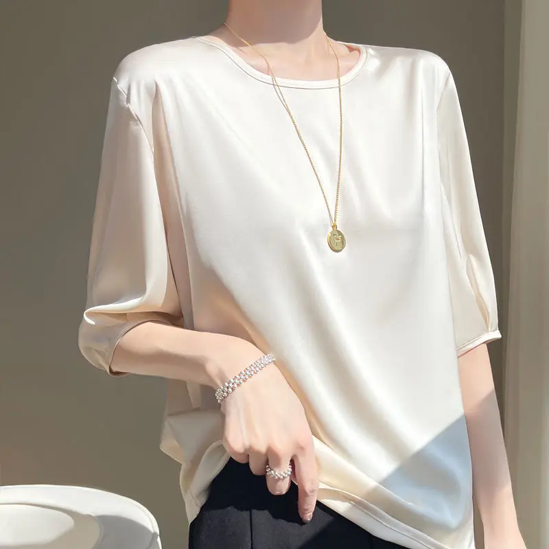 تيشيرت نسائي ناعم برقبة مستديرة ، أكمام قصيرة ، توبات فضفاضة ، بلون واحد ، راحة رقيقة ، متعدد الاستخدامات ، سيدة مكتب ، موضة
