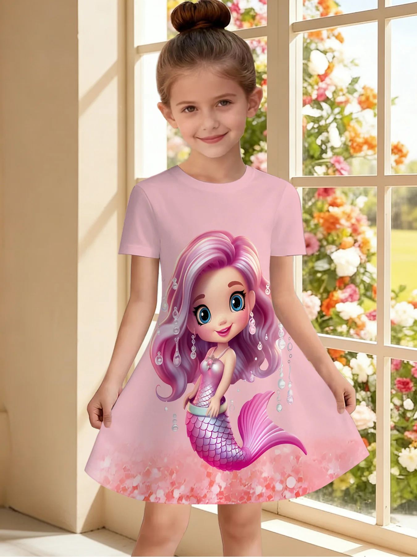 Little Girls Mermaid Graphic Dress, Sweet Purple Hair Mermaid Princess with Bubbles Pattern Short Sleeve Dress for Party