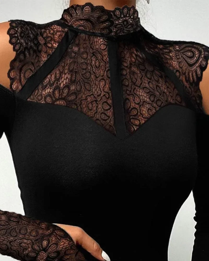 Sexy Tee Contrast Lace Cutout Long Sleeve Top Fashion Woman Shirt Spring Blouses Female Clothing  Outfits