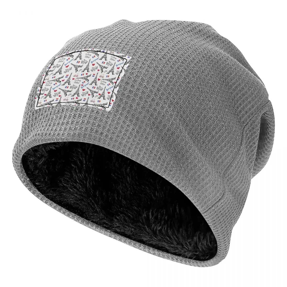 Addicted To Paris France Waffle Knit Fleece Lined Beanie with PU Leather Patch Unisex Warm Winter Soft Cap