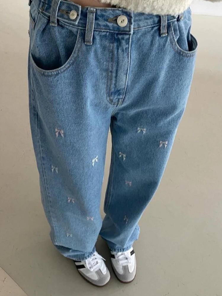 Adjustable Waist  Knot Straight Leg Jeans Women's Casual High Waist Long Pants Korean Style Fashionable Youthful