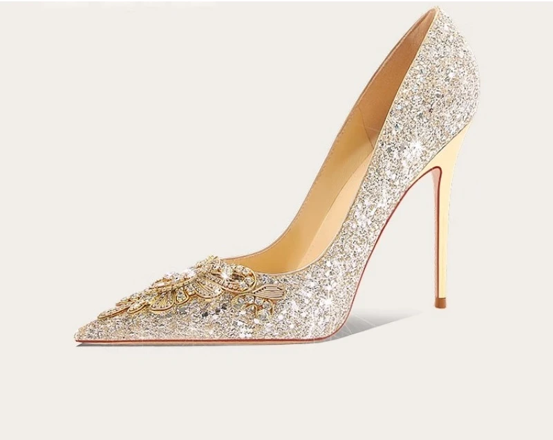 

Chinese Wedding Shoes Gold Crystal High Heels Comfortable Bride Banquet Shoes