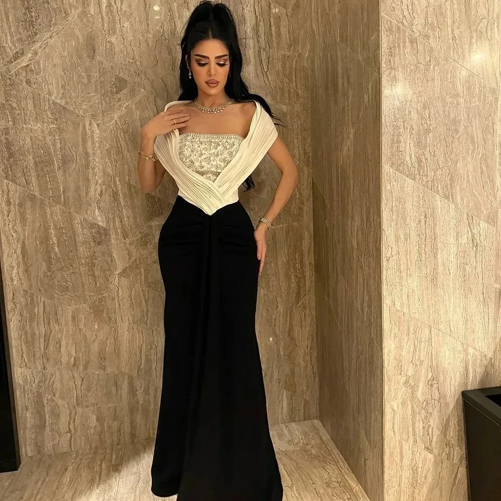 

Customized Strapless Black Mermaid Jersey Evening Dress Crystal Backless Party Dress Contrast Color Floor Length Prom Gowns