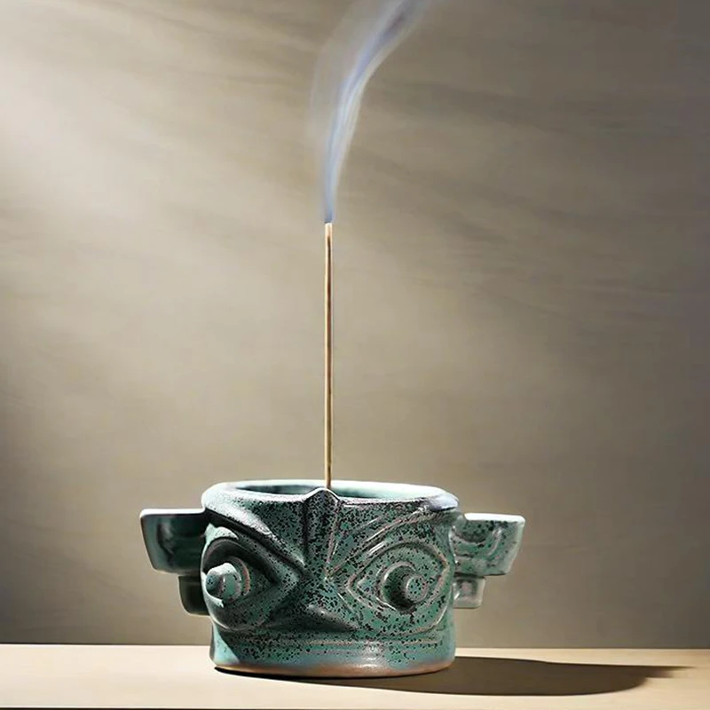 Sanxingdui Design Ceramic Incense Burner Holder with Alloy Stick, Aroma Ash Catcher Decoration Aromatherapy Burner Plate