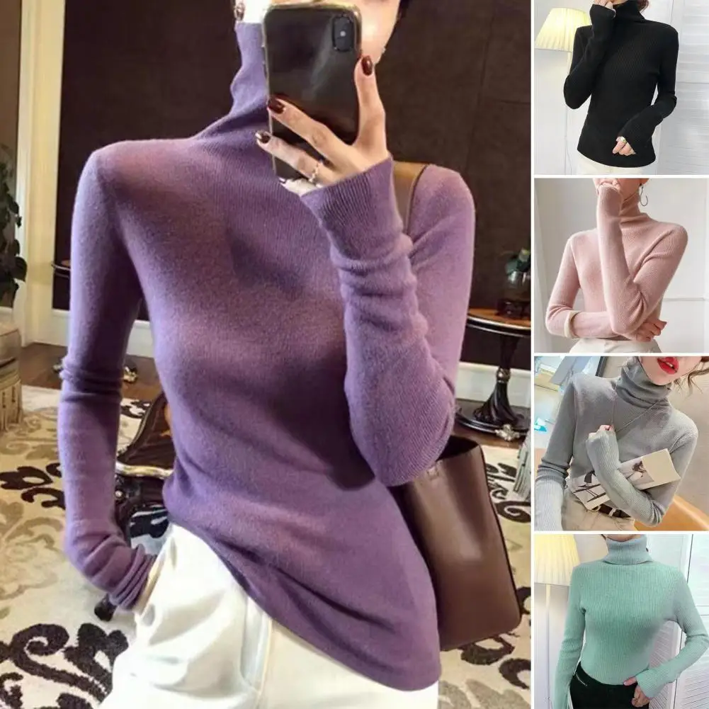 

Women Sweater Elegant Women's Turtleneck Sweater with Long Sleeves Solid Color Knitwear Top for High Elasticity Regular Fit